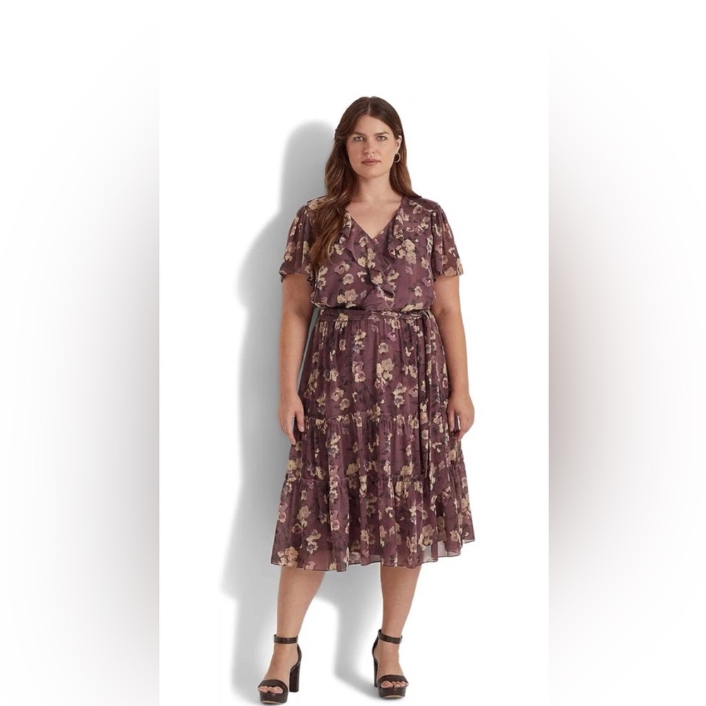 NWT Lauren Ralph Lauren Mauve Floral V-Neck Ruffle Midi Dress 22W